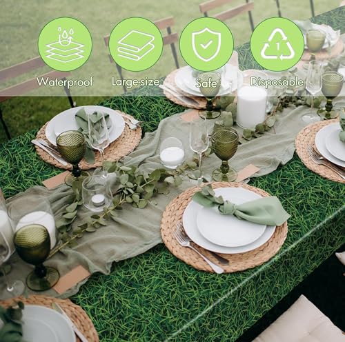 Image of Kochorie 54 Inch x 100 Ft Grass Plastic Table Cloth Roll Disposable Waterproof Football Field Table Cover Plastic Table Cover Roll with Easy Slide Cutter for Jungle Party /Sport /Outdoor Picnic