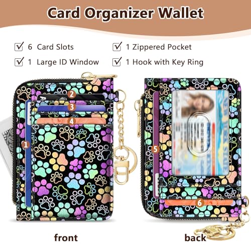 Image of GIANCOMICS Slim Wallet Credit Card Holder Women, Puppy Dog Paw Rfid Blocking Small Card Case, Keychain Thin Pocket Curved Zipper Wallet, Travel Card Holder PU Leather ID Window, Ladies Female Gifts