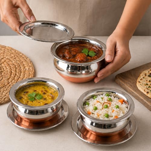 Image of Steel Magic Copper Bottom Handi /Urli Set, Cookware Set Induction Bottom Cookware Set, Stainless Steel, Copper Handi Set of 3 (800, 1100, 1600 ML)
