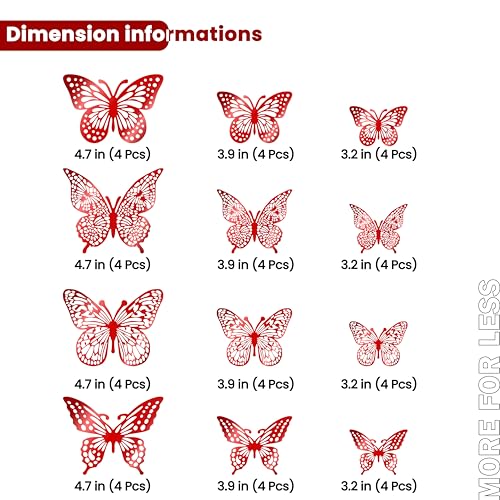 Decoración de pared mariposas 3D rojas juego 48 piezas miniatura 6