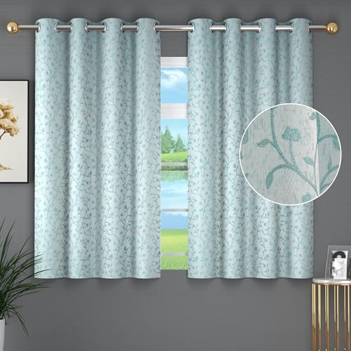 Image of FRESH FROM LOOM Heavy Jari Jacquard Premium Luxury Curtain 6 Feet Windows for Home | Floral Eyelet | Light Blocking 80% Blackout | Anti-Fade Finish Parda (6ft, Aqua, 2pc)