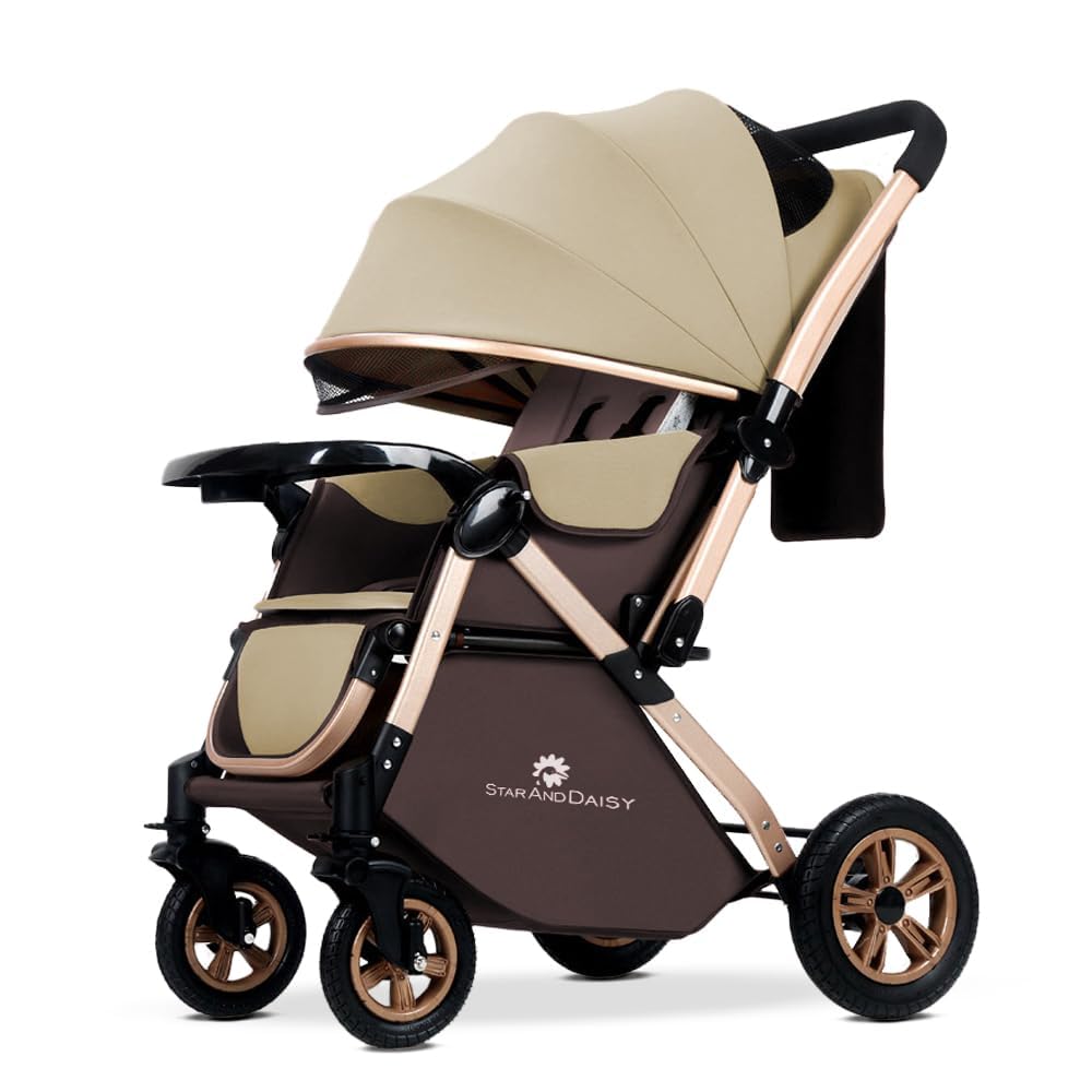 StarAndDaisy Baby Strollers / Pram for 0-3 Year Boys & Girls with Foldable Design, Food Tray, 4 Wheel Suspension, Easy to Convertible& Adjustable Seat, 5 Point Safety Belt, Light Weight & Convenient -(Beige)