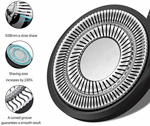 Diagram illustrating MAX-T shaver head features: 0.08mm close shave, increased shaving area, and curved groove
