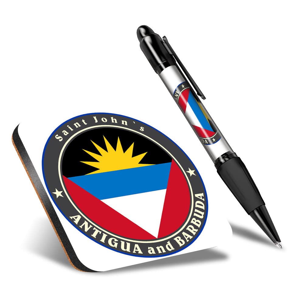 DV DESIGN1 x Eco Square Coaster & 1 Pen Set - Antigua and Barbuda Sant John's Drink Cup Mug Glass Table Protection Mat #5038