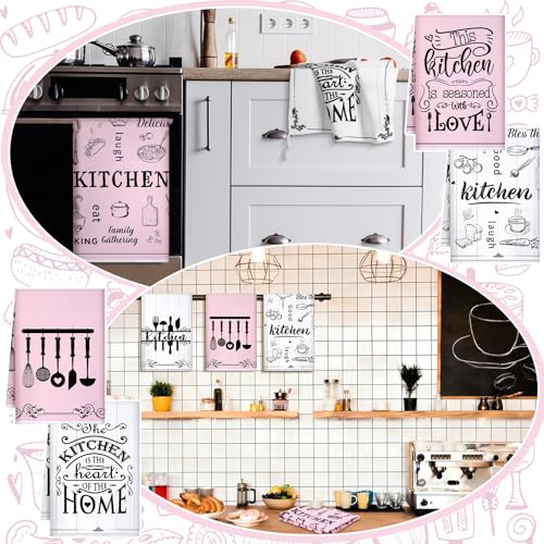 Image of Bencailor 6 Pcs Pink Kitchen Towels Decorative Sets Dish Towels Absorbent Fast Drying Hand Tea Vintage Hanging Reusable Cleaning Dishcloths for Cooking Farmhouse Bathroom Accessory