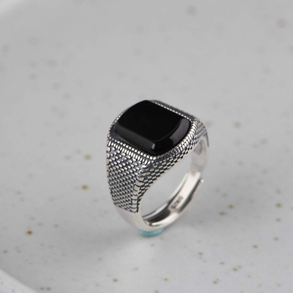 HGJH Silberringe Damen 925,925 Sterling Silber Großer Quadratischer Schwarzer Onyx Ring Natürliche Vintage Klobige Punk Verstellbare Ringe Edelstein Energie Charme Hochzeit Schmuck Geschenke Für Männ