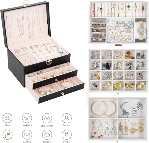 Image of Vlando 3 Layer Jewellery Organiser Box, Large PU Leather Jewelry Storage Case With Drawers, Earrings, Rings, Necklaces Holder | Luxury Jewellery Box For Women & Girls Gift (Black)