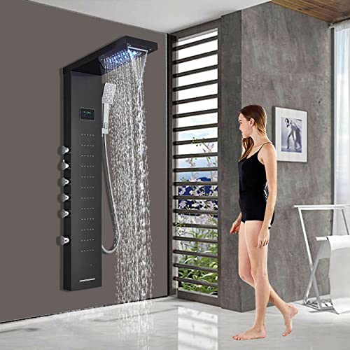 Torre de Ducha LED con Sistema de Jets de Masaje Corporal, Cascada de Lluvia, Acero Inoxidable, Negro, Ducha de Mano miniatura 1