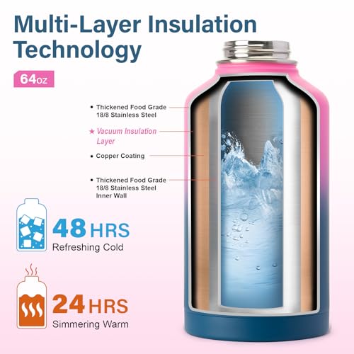 Insulated Water Bottle | Thickened Stainless Steel Vacuum Metal | Portable Sports Half Gallon Large Water Jug for Gym and Hiking with Straw, Carrier Bag, Handle Strap | BPA-Free 64 oz