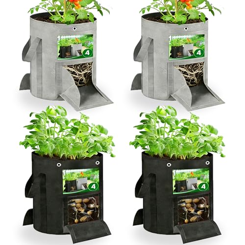 SORANGEUN 10 Gallon Grow Bags 4-Pack with Viewing Window & Harvest Flap Heavy Duty Non-Woven Fabric Potato Grow Bags with Reinforced Handles for Vegetables Tomatoes Carrots Onions