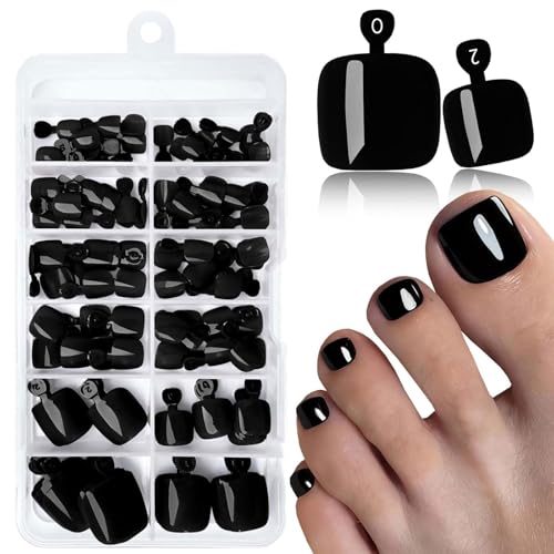 LunarCharm 120 pièces ongles de pieds noirs à poser, faux ongles pour pieds avec languettes adhésives, ongles de pieds noirs artificiels à presser et coller