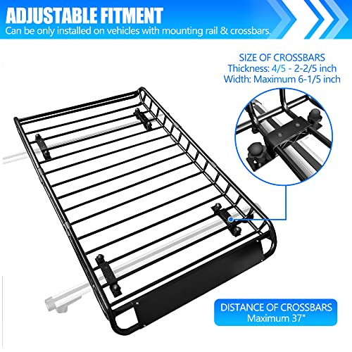 Kairay Roof Rack Basket 58"(L) X 36"(W) X 5.1"(H) Extendable Universal Black Rooftop Cargo Carrier Car Top Luggage Carrier For Truck Cars Suv With Cargo Net And Ratchet Straps #TOP3