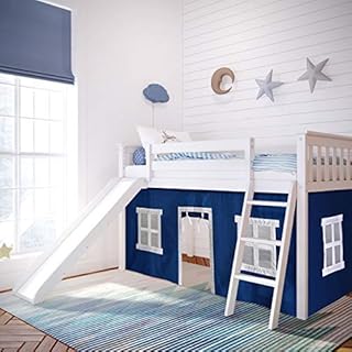 Max & Lily Low Loft Bed, Twin Bed Frame For Kids With Slide and Curtains For Bottom, White/Blue