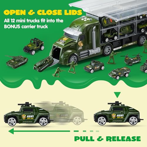 Image of JOYIN 25 in 1 Military Kids Truck Toys for Age 3+, Kids Boy Toys, Army Men Tanks Set with Soldier Men, Mini Battle Cars in Carrier Truck with Lights and Sounds, Gifts for Grandkids