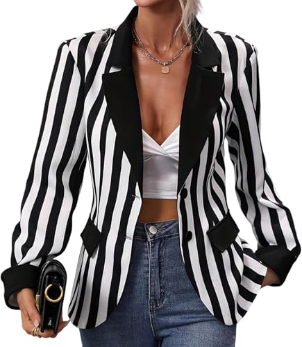 Blazer a Rayas para Mujer Elegante de Manga Larga de un Solo Pecho en Blanco y Negro a Rayas Verticales Chaqueta de Trabajo de Oficina Informal de Negocios de Moda (Negro,L)