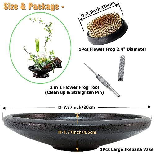 Eggone Japanese Ikebana Kit Floral Frog Japanese Flower Arranging Supplies Flower Container With Needle Straightening Tool & Kenzan - 2.4Inch Flower Frog, Bowl Vase (Frosted Bowl With Spots) #TOP1