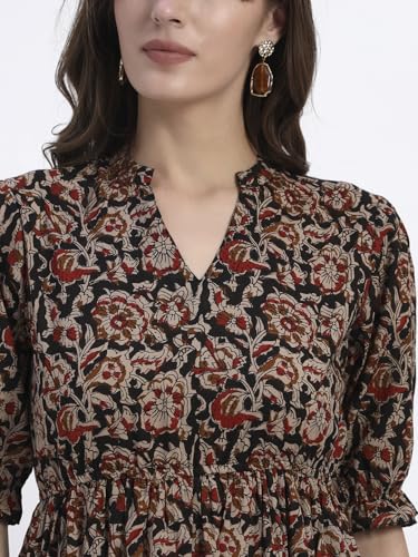 Image of Women's Fit and Flare Dress I Pure Cotton Long Summer Maxi Dress I V-Neck I Casual Wear I Printed Kalamkari Floral Middi