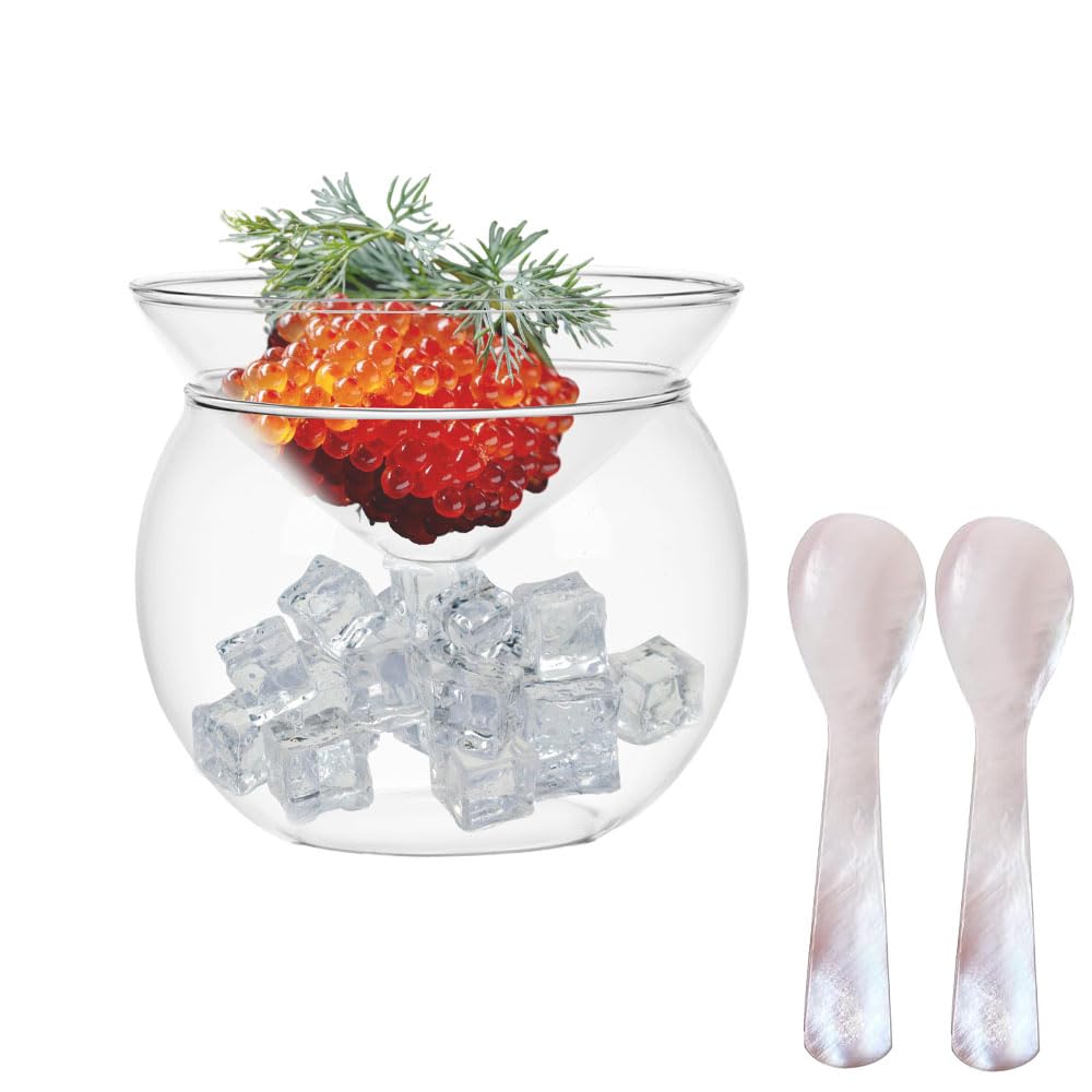 Caviar Server Set, Glass Caviar Chiller Server Set with 2 Pcs Shell Caviar Spoons Drinks Holder Chiller Shrimp Cocktail Liquor Martinis Cocktails Dish for Caviar, Cocktail Chiller (Large)
