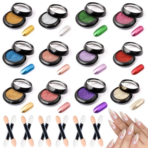 lomdung 12 Piezas Polvo Uñas, Polvo de Uñas Cromado, Polvos Cromado Metálico de 12 Colores, Efecto Espejo Uñaes de Cromo Set, con 12 Pinceles a Juego, para Decoración de Uñaes, Multicolor