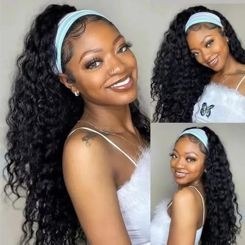 iesste Long Headband Wig Human Hair Deep Wave Human...