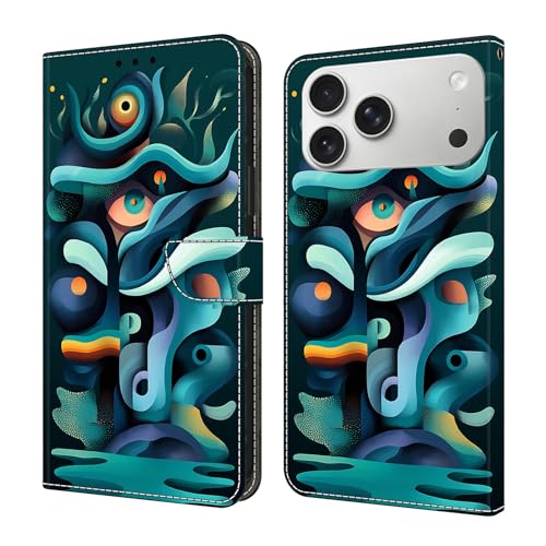 Étui portefeuille iPhone 17 Pro Max ombre verte avec fermeture magnétique et design gribouillage