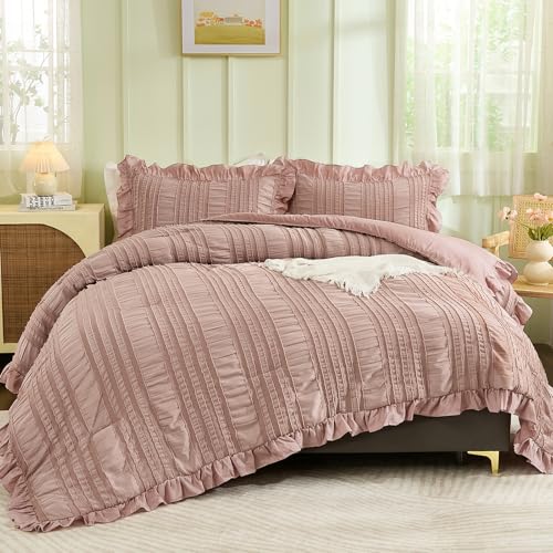 WONGS BEDDING Pink Comforter Set Queen,3 Pieces Ruffle Farmhouse Shabby