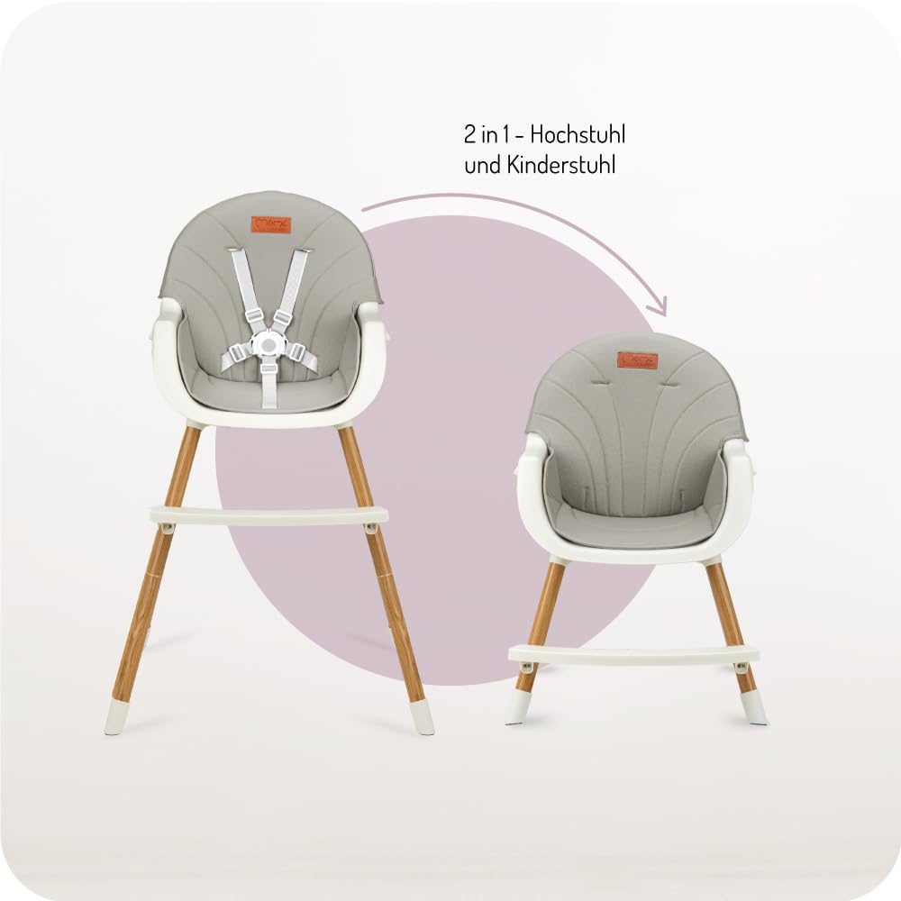 MoMi REKI Hochstuhl Baby 3 in 1 Grau - Kinderstuhl mit Esstisch - Kinderhochstuhl mit Tisch 6-36 Monaten max 20 kg - zum Babystuhl umbaubar - mit Höhenverstellung und 5-Punkt-Sicherheitsgurt