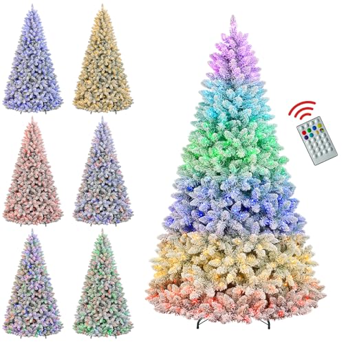 Hykolity 7.5ft Pre-lit Flocked Christmas Tree with 450 Multi-Color RGB Lights,1446 PVC Branch Tips...
