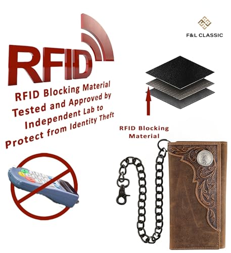 Image of F&L CLASSIC RFID Blocking Mens Tri-fold Long Style Cowhide Leather Steel Chain Wallet,brown western,212-82