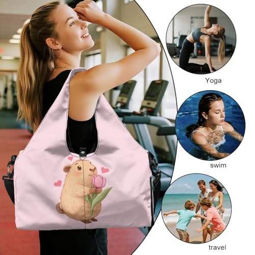 Capybara Gym Bag with Yoga Mat Holder and Shoe Compartment, Extra Large Pink Overnight Bag with Wet Pocket, Adjustable Shoulder Strap Fitness Sport Tote Bag2