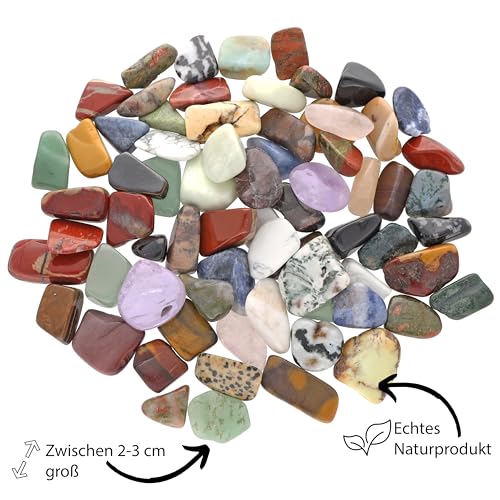 Edelstein Set in Schatzkiste | Bunter Trommelstein Mix für Kinder | Praktisch mit Holztruhe für Schatzsuche | Echte Edelsteine Lebensquelle Plus ((L (2-3 cm - ca. 30 Steine), 1)