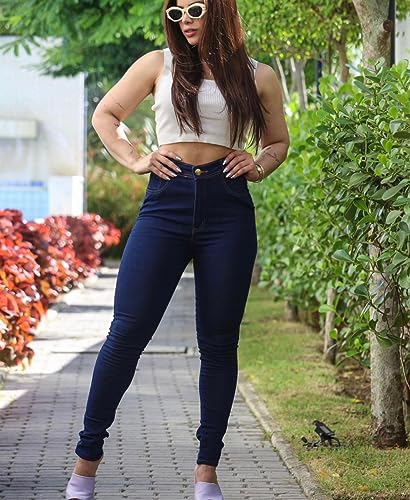 Calça Jeans Skinny Casual Feminina Cintura Alta Lisa Escura com Elastano Corte Moderno (42)