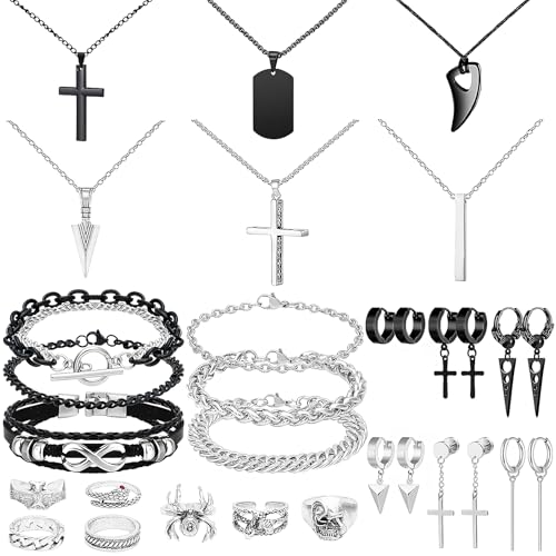 NEWITIN 31 Pieces Stainless Steel Jewelry Set for Men Black Silver Chain Necklace Bracelet Cross Pendant Necklaces Vintage Rings Dangle Cross Earrings Cuban Jewelry Set for Men Women