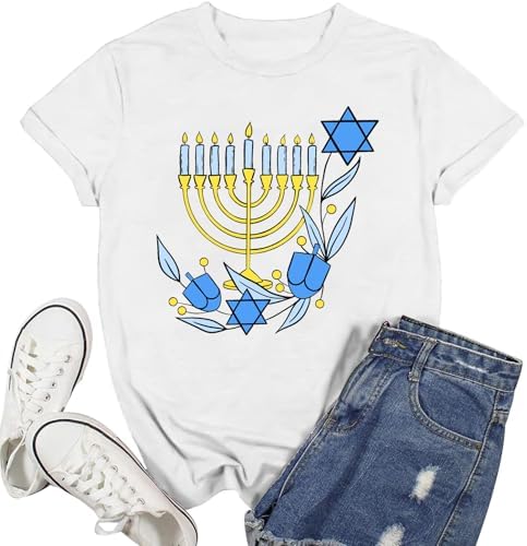 Hanukkah Shirt Women Happy Hanukkah T-Shirt Menorah Candles Short Sleeve Jewish Chanukah Tee Tops