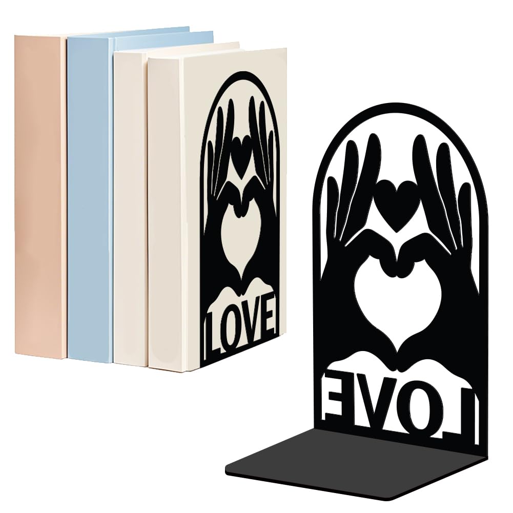 WADORN 1 Pair Heart Gesture LOVE Metal Decorative Bookend for Shelves, Heavy Duty Book Ends Modern Non-Skid Books Holder Stand Black Book Support Stoppers for Office Desk Bookshelf, 5.3x4.3x7.8 Inch