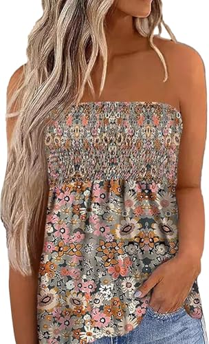 Womens Smocked Strapless Bandeau Tank Tops Floral Tube Tops Backless Bandeau Tunic Tops Sleeveless Shirts