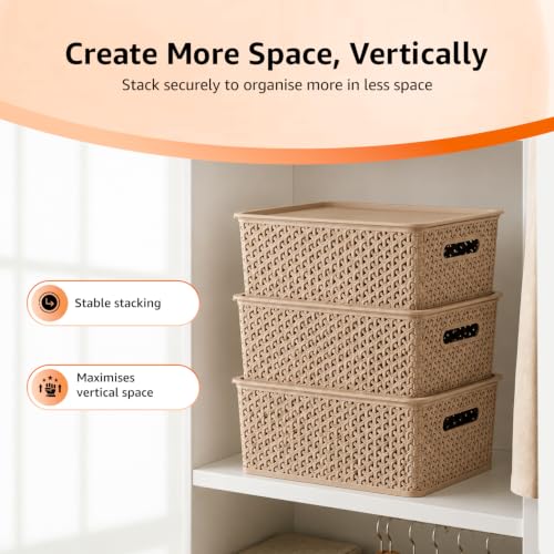 Image of Amazon Basics Set of 3 Plastic Storage Baskets with Lid - Stackable Organiser for Wardrobe, Kitchen, Clothes, Toys, Books, Office, Stationery - Multipurpose (Medium, 36x30x13 cm | Biscuit, Rectangular