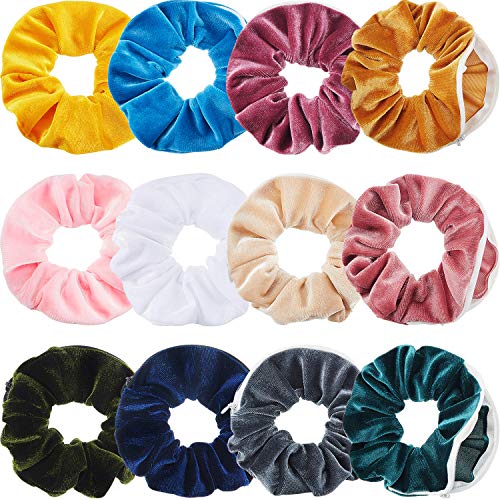 12 Pieces Velvet Pocket Hair Scrunchies Hidden Pocket Hair Ties Elastic Zipper Scrunchies with Zipper Pocket Storage for Women Girls Hair Accessories