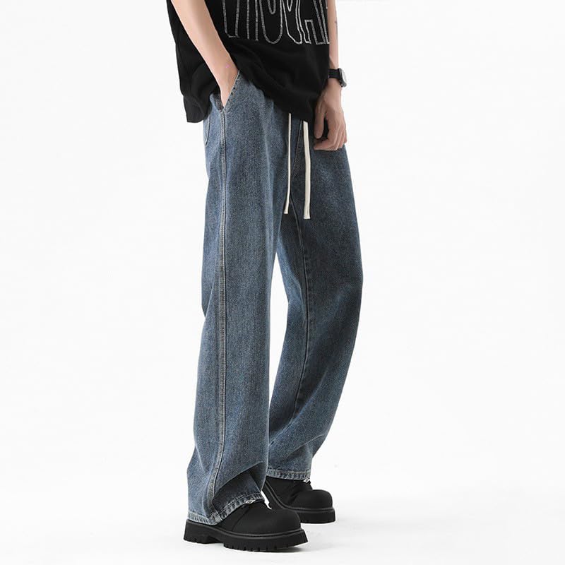 Men's Jeans Spring Drawstring Waist Straight Leg Denim Pants3