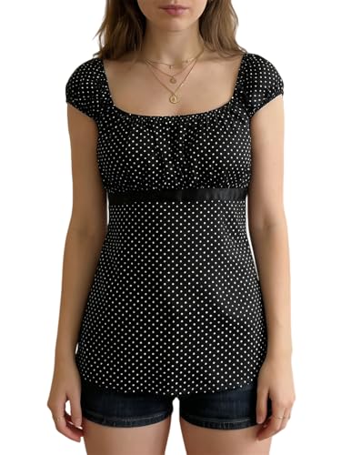 VnimVinter Women Fairy Grunge Y2k Babydoll Shirt Cap Sleeve Micro Polka Dot Tie Back Flowy Babydoll Top Preppy Clothes (Black, S)