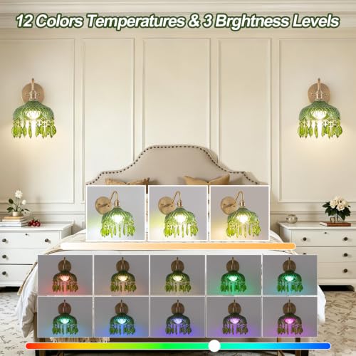 Image of Vintage Battery Operated Wireless Wall Sconces, Rechargeable Battery Brass Wall Lights,Luxury Corridor Lamp with Remote for Dining Room Hallway Living Room, Set of Two Green