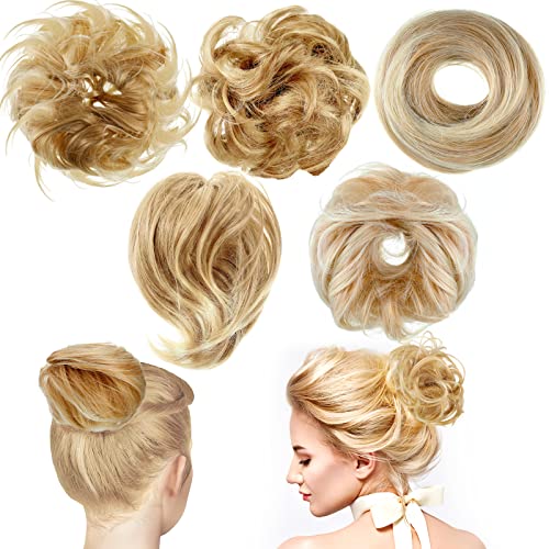 5 Pieces Messy Hair Bun Piece Straight Hair Synthetic Curly Bun Short Hair for Women Scrunchies Ponytail with Elastic Rubber Band Updo Hair Extension for Women Girls (Gold)