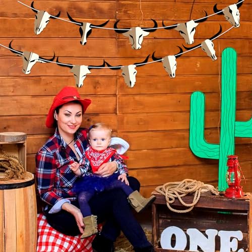 Image of Hooqict Western Cowboy Rodeo Party Banner Western Birthday Party Decorations Bull Skull Banner Western Happy Birthday Banner Garland for Wild West Country Birthday Decorations