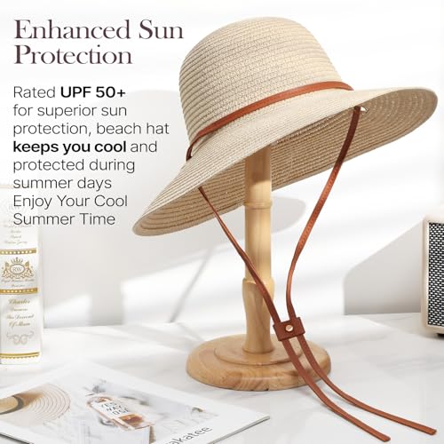 Image of Womens Beach Sun Straw Hat, Wide Brim Sun Hat Travel Foldable Summer Wind Lanyard UPF 50+