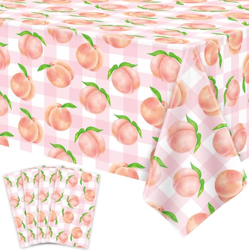 LWYGEGJO 4Pcs Peach Tablecloth Pink Sweet One Peach Girl Summer Birthday Party Decoration 51 x 86 Pink Check Disposable Plastic Table Cloth Dining Room Kitchen Indoor Outdoor Dcor (4)
