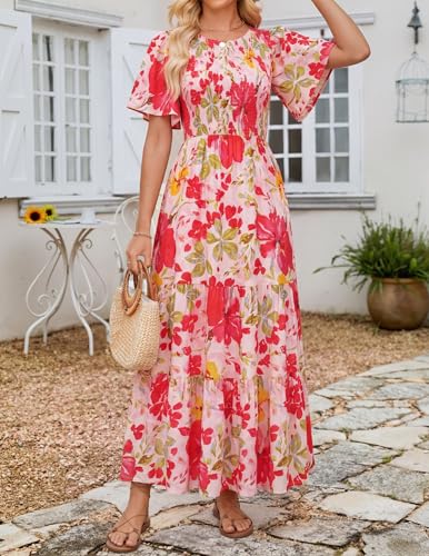 Image of ZESICA Women's 2026 Summer Boho Floral Maxi Dresses Casual Short Flutter Sleeve Smocked Tiered Flowy Dress