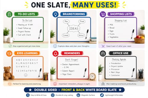 Image of YAJNAS 8x10 Inch Double-Sided Writing Whiteboard Mini Slate with Multi-Color Frame | Pack of 1 | Includes 1 Marker Pen | Reusable Dry Erase Writing Board for Meeting, Planning, Teaching, Office & Home