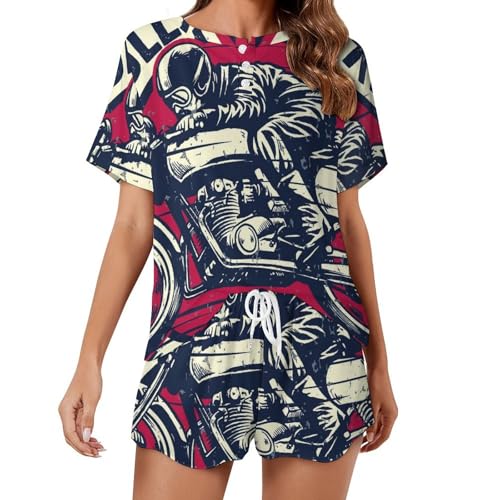 Pyjama pour femme vêtement de nuit ensemble court Moto Cool sleepwear ete manches courtes