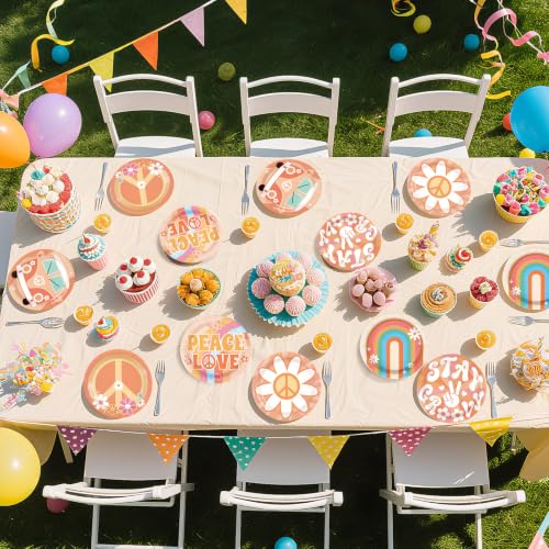 Image of 60Pcs Groovy Party Paper Plates 7 inch Disposable Heavy Duty Retro Hippie Boho Dessert Plates Daisy Flower Peace Love Theme Hippies Party Decoration for Summer 60s 70s Birthday Baby Shower Party Supplies