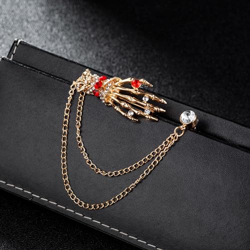 Image of Gothic Halloween Skull Hand Brooch Pin for Women Men Punk Vintage Crystal Skeleton Tassel Chain Lapel Pins Dark Skull Brooches Sweater Suit Accessory
